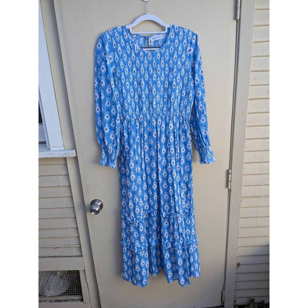 Tuckernuck Pink City Prints Blue Diamond Print Smocked Long Sleeve Maxi Dress - Picture 2 of 6